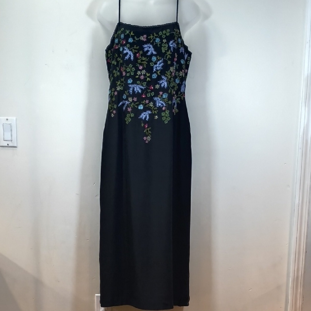 INC International Concepts Black Slip Dress with Multicolor Floral Embroidery